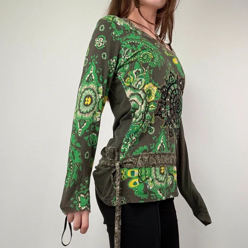 Khaki Paisley Boho Long Sleeve T-Shirt