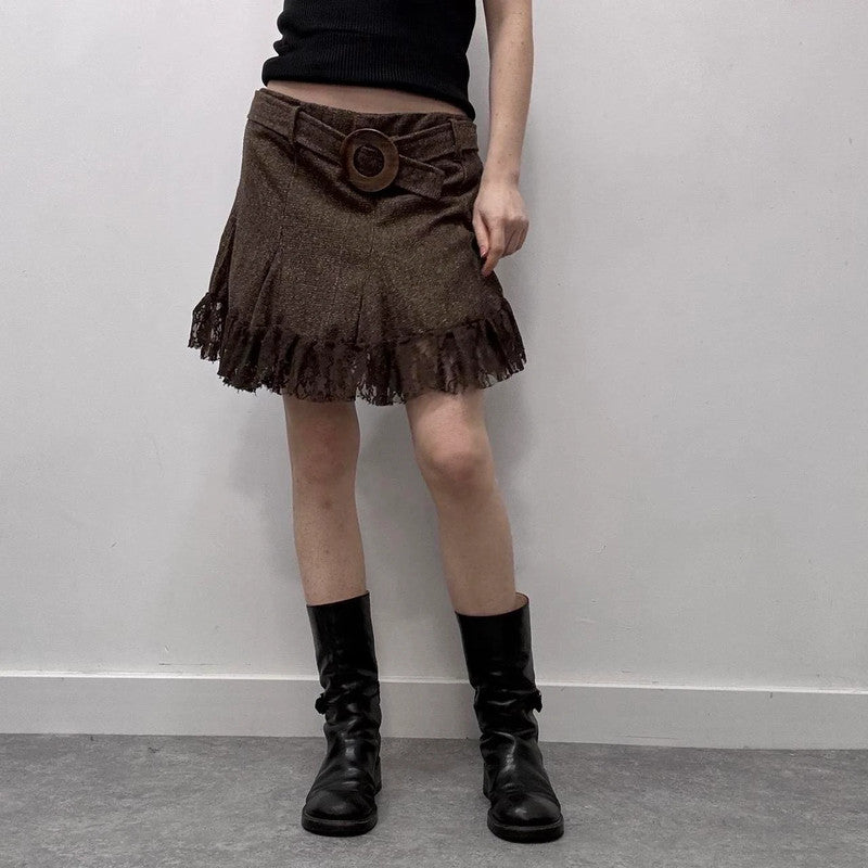 lace tweed brown mini ruffle skirt