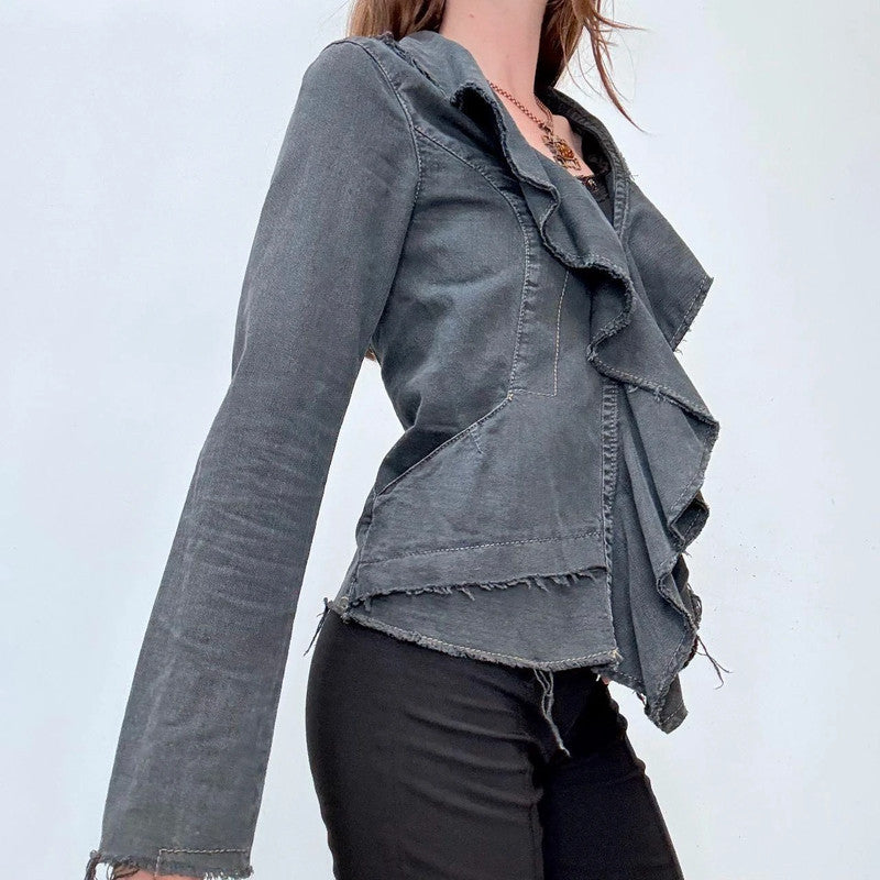 distressed black denim ruffle jacket
