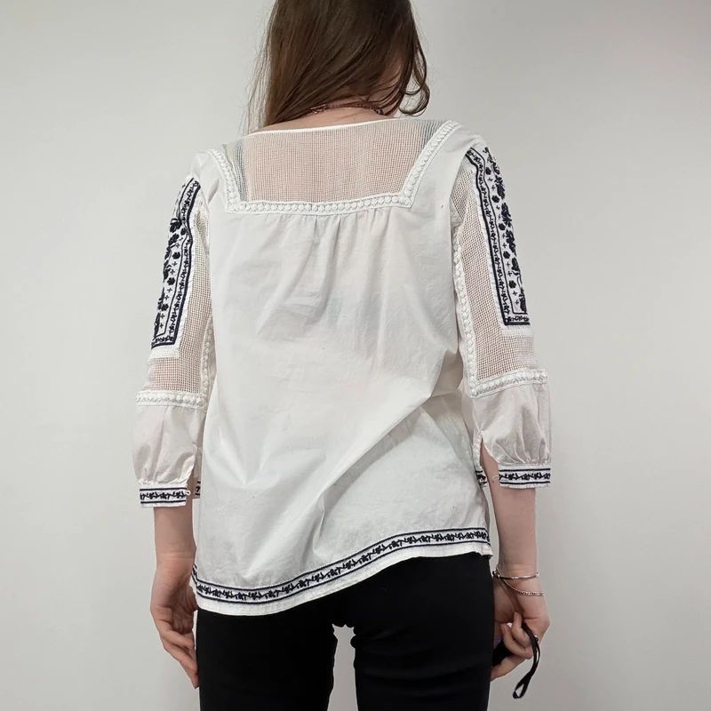 White Crochet Embroidered Cotton Blouse