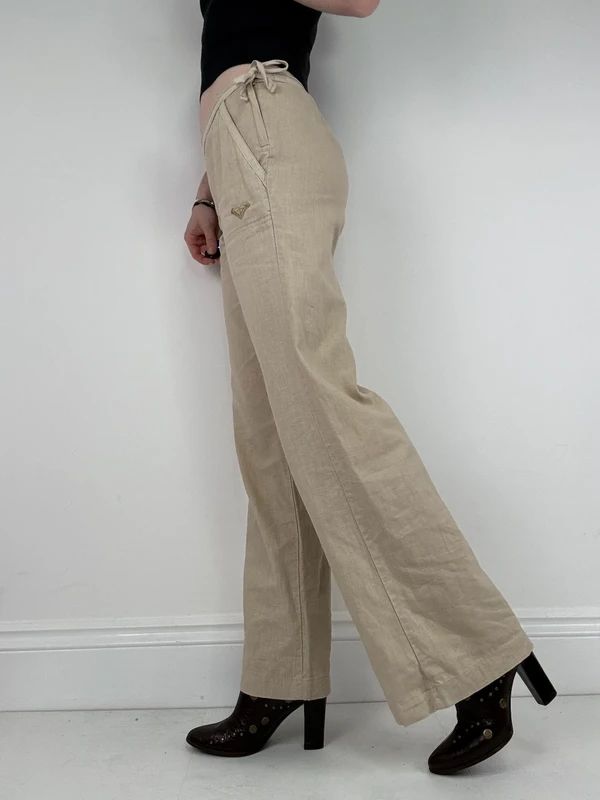 low rise tie waist linen flared trousers