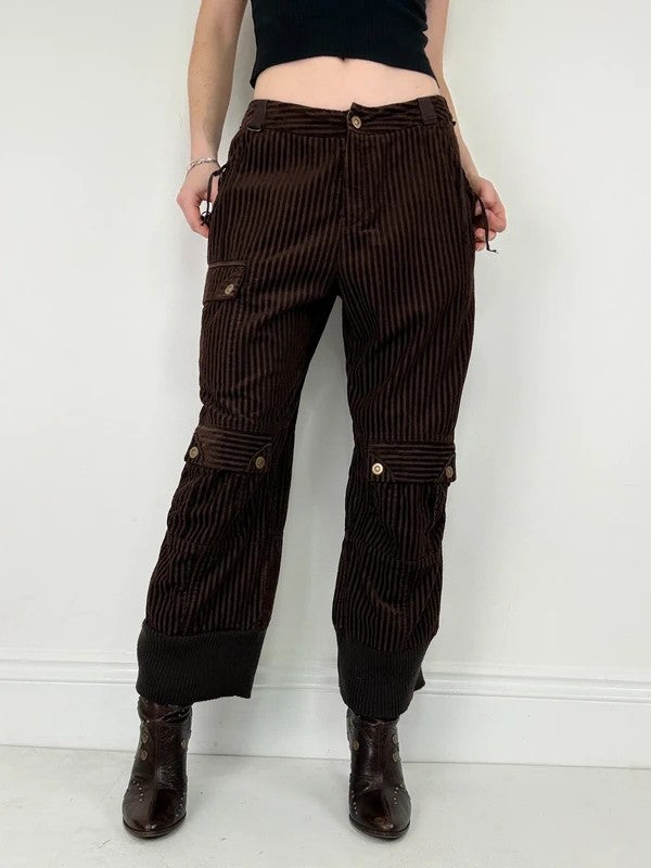 brown pinstriped ribbed Jumbo cord capri trousers