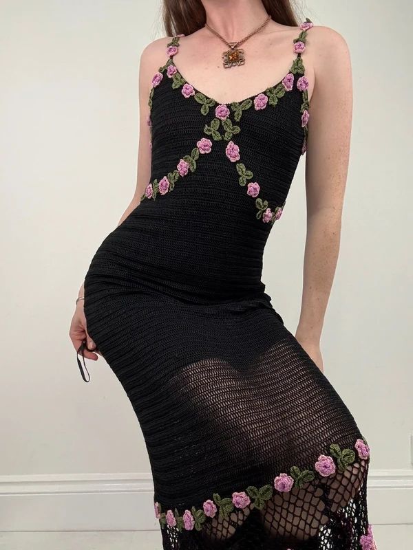 rene derhy crochet floral black summer maxi dress
