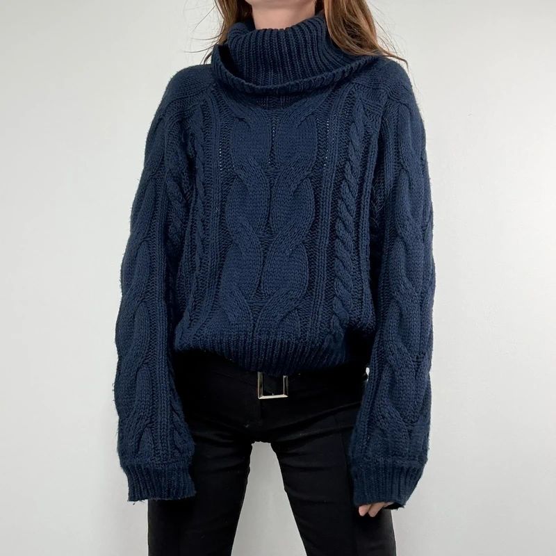 navy chunky cable knit turtle neck jumper