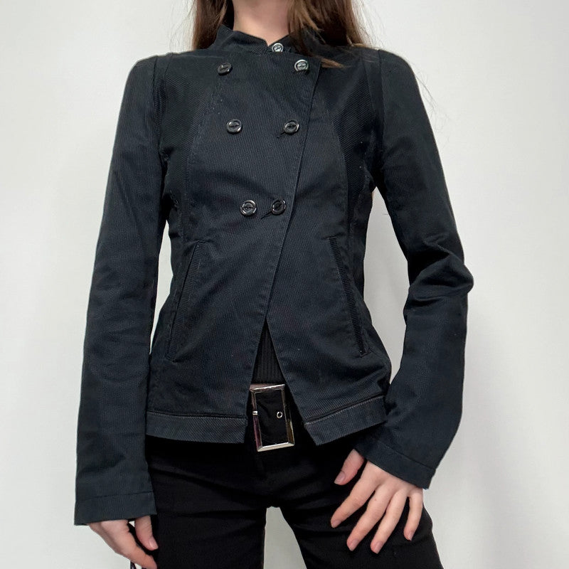 navy pinstripe fitted asymmetric jacket