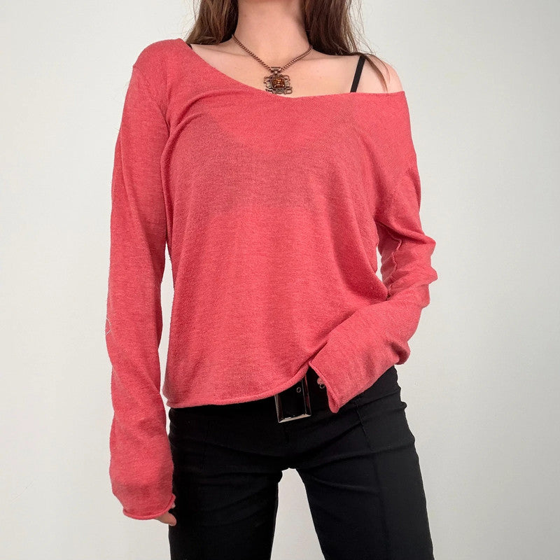 pink slouchy knit off the shoulder jumper