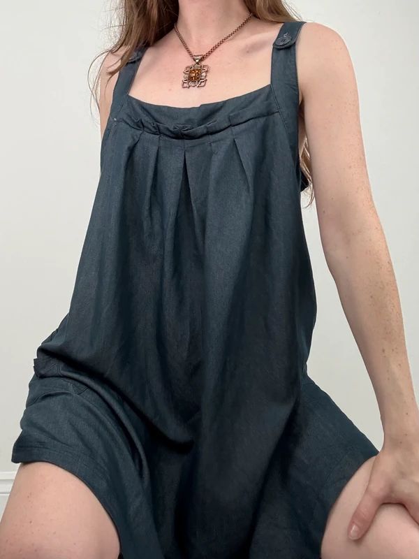 pleated denim mini pinafore dress