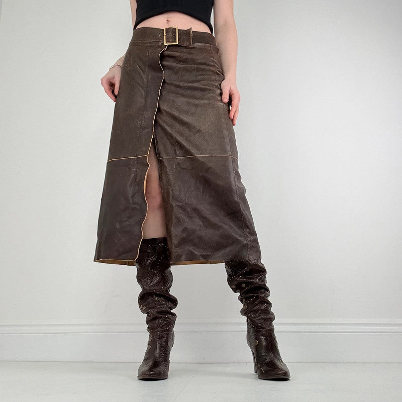 chocolate brown leather a-line midi skirt