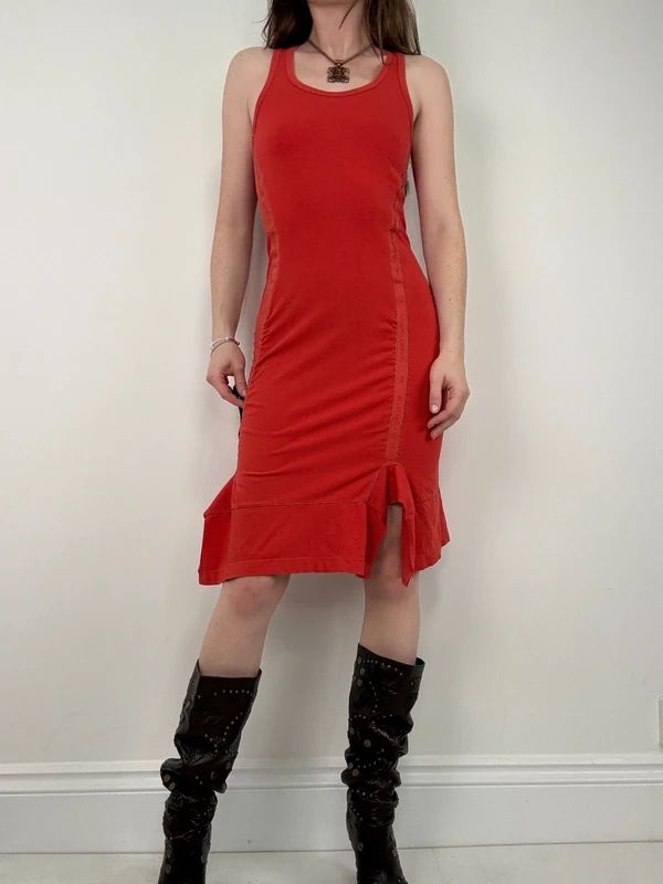 Marithé + François Girbaud gathered red midi dress