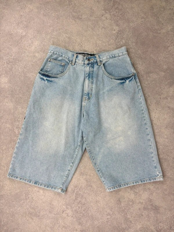 oversized wide leg denim jorts with graphic print