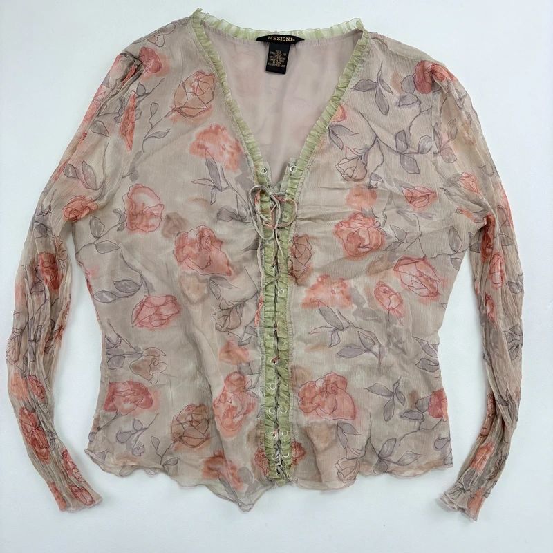 Sheer Crinkle Floral Lace-Up Fairy Shirt