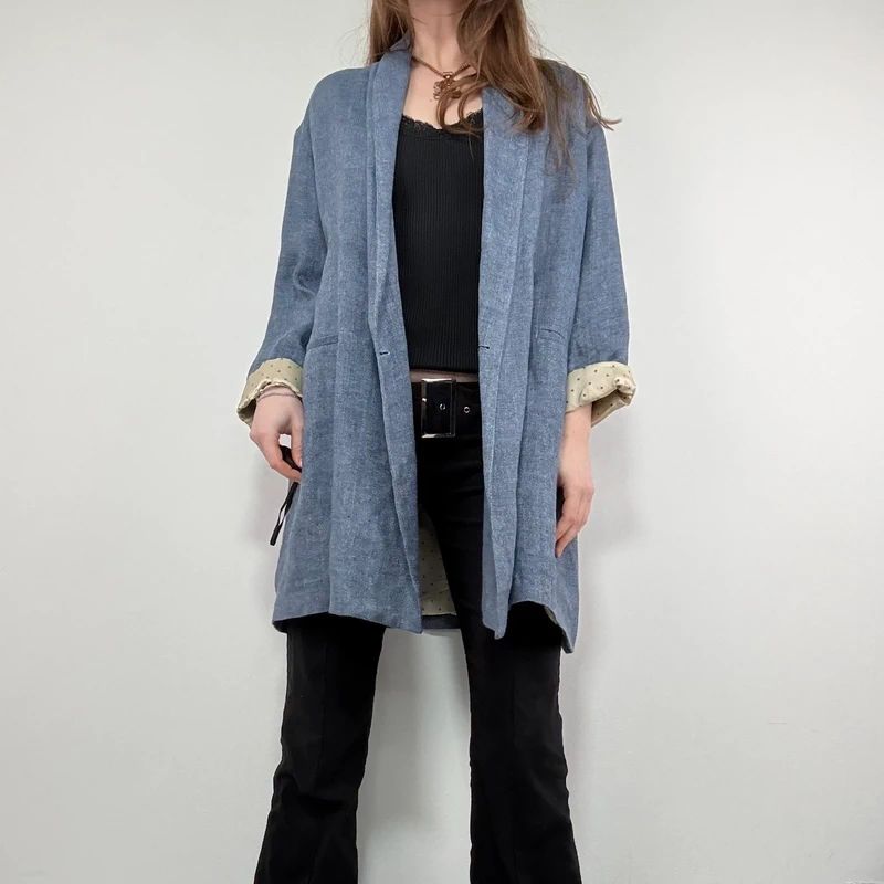 blue linen slouchy oversized long blazer