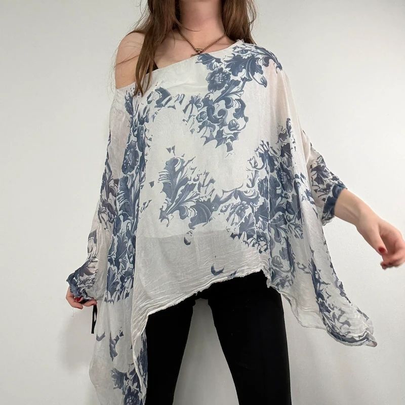 white and blue silk draped regency printed batwing blouse