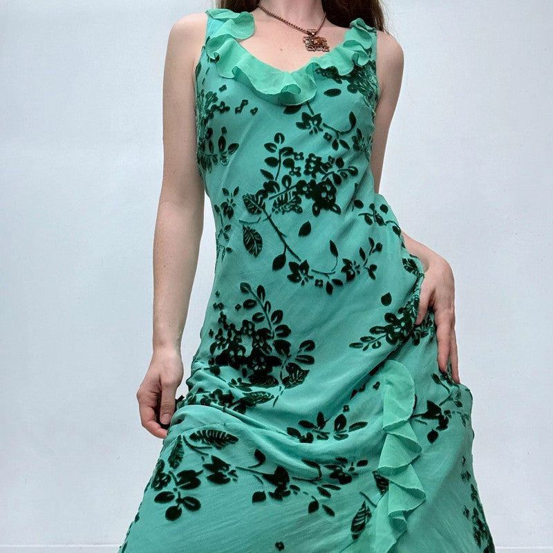 green silk embossed floral monsoon dress