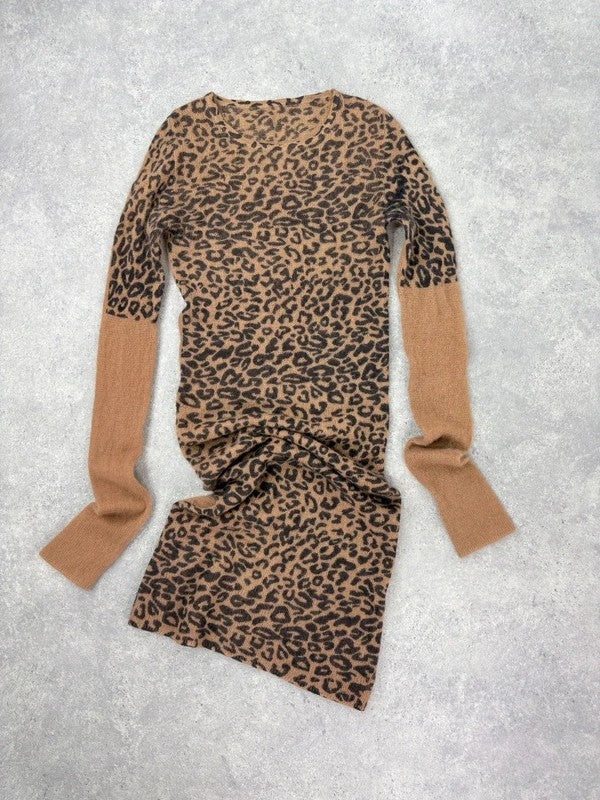 sheer knit long sleeve slouchy leopard printed dress