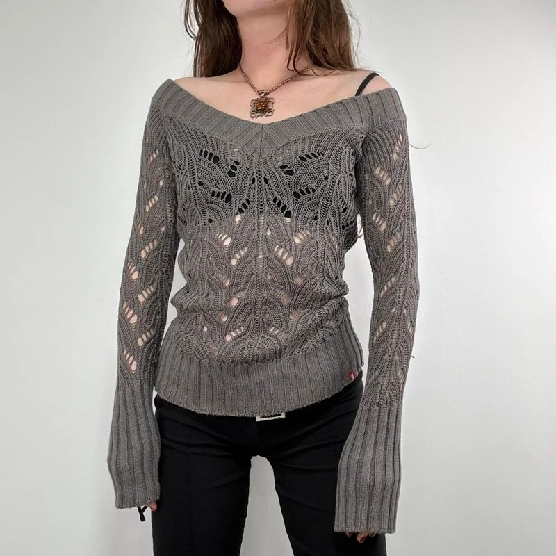 khaki lace knit off the shoulder slouchy jumper