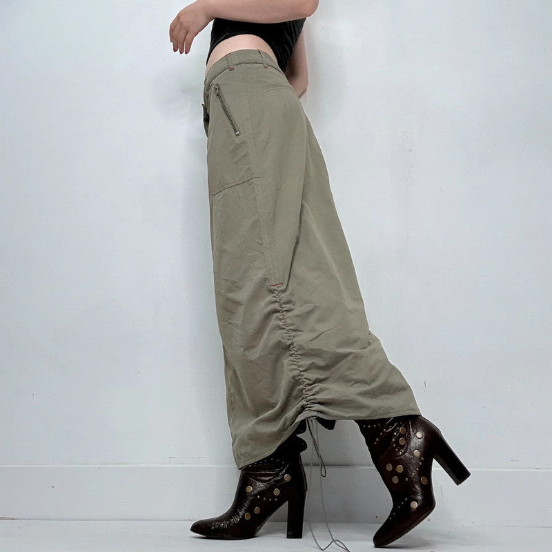 khaki gathered cinched maxi skirt