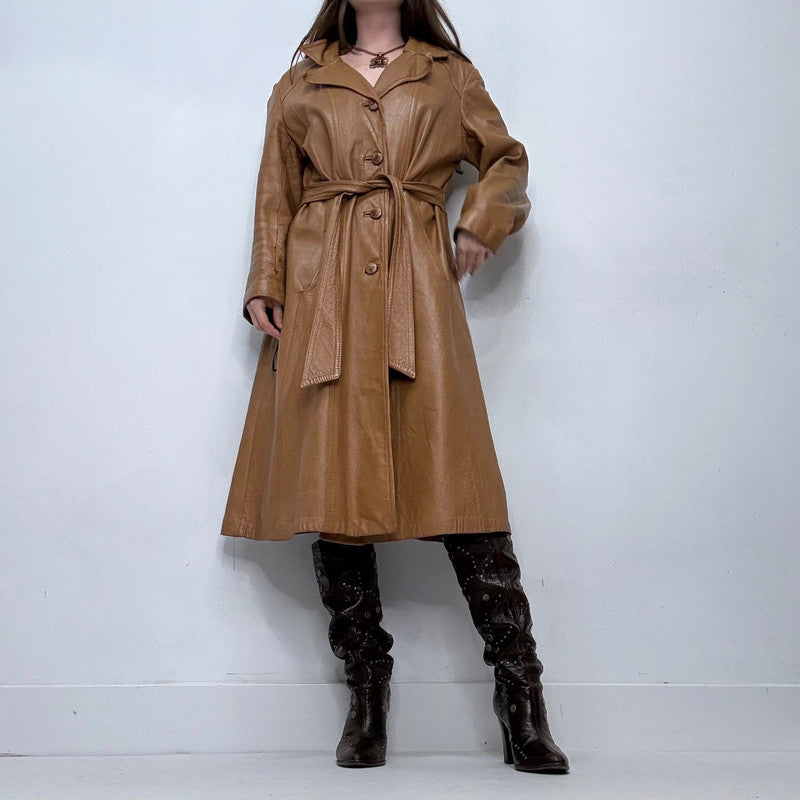 tan leather long trench coat
