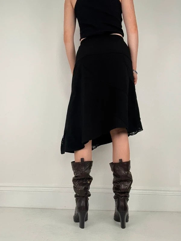 black asymmetric lace panelled midi skirt