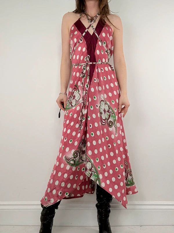 pink polkadot handkerchief maxi dress