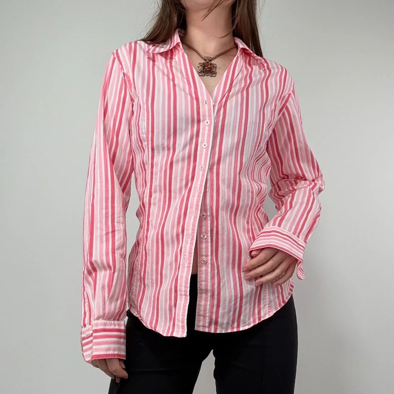 Pink Pinstripe Fitted Shirt with V-neck button style front.