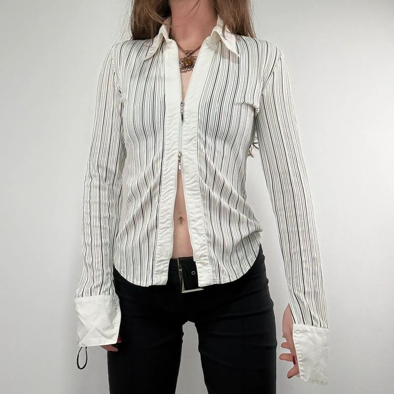 zip through pinstripe fitted white shirt