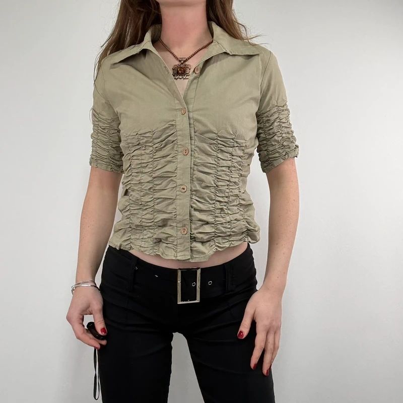 gathered khaki pleated shirt