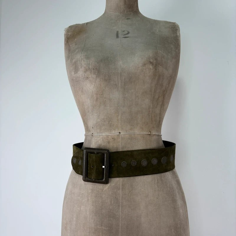 Khaki suede thick leather belt