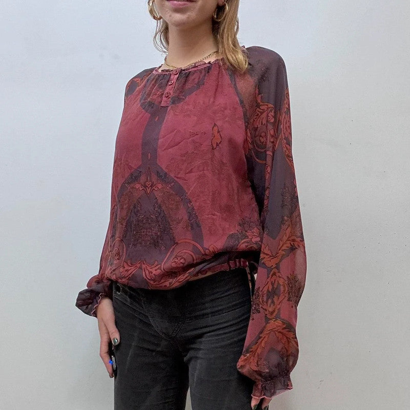 sheer red paisley boho shirt