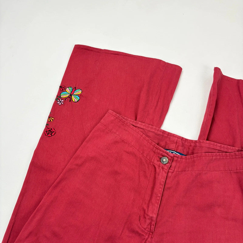 red cotton wide leg flared embroidered trousers