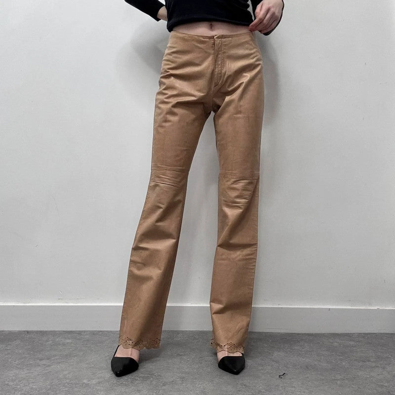 tan leather flared trousers