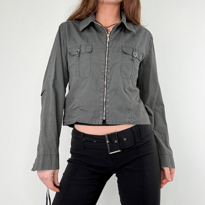 khaki zip through cropped utility jacket