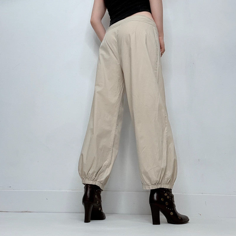 puff pleated barrel leg low rise trousers