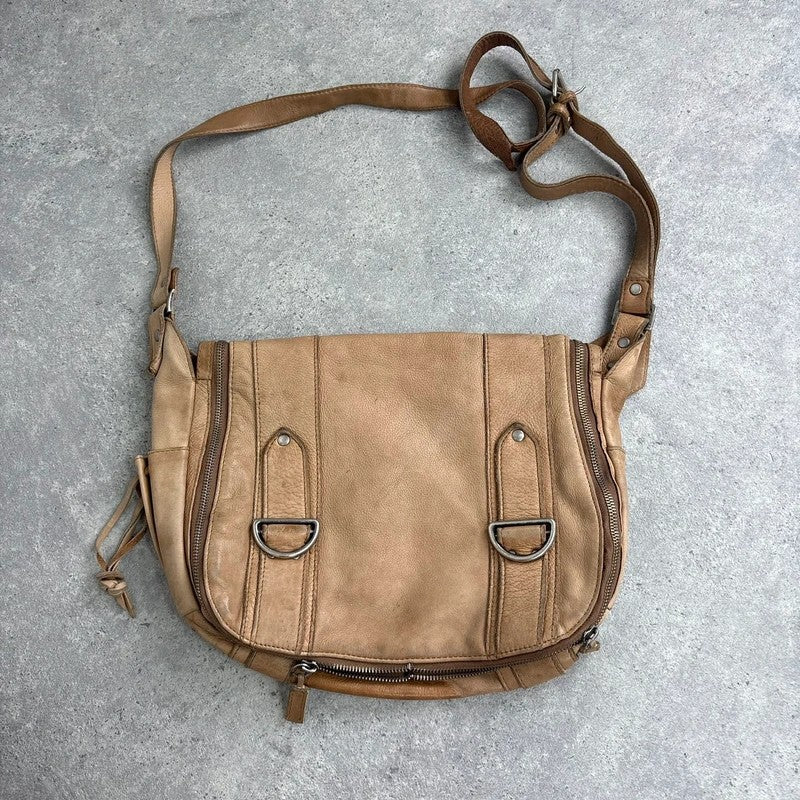 Tan distressed leather zip city crossbody D-ring bag