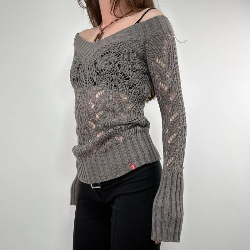 khaki lace knit off the shoulder slouchy jumper