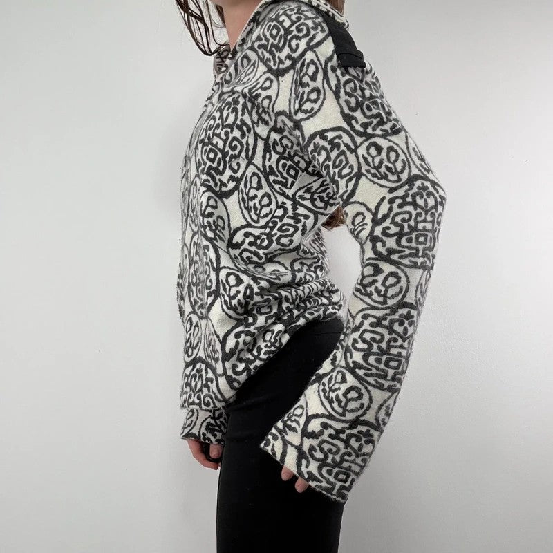 black and white slouchy patterned knit jumper, angora zip through funnel neck