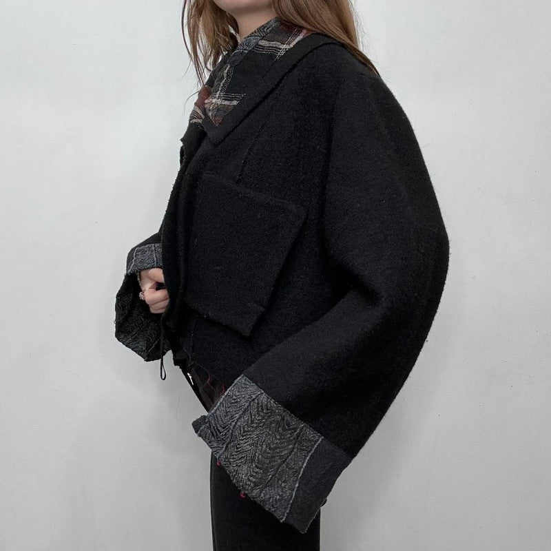 black oversized wool tartan jacket