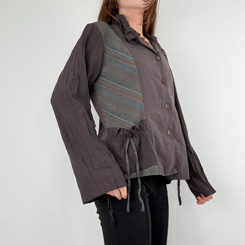 brown pinstripe gathered cinched shirt