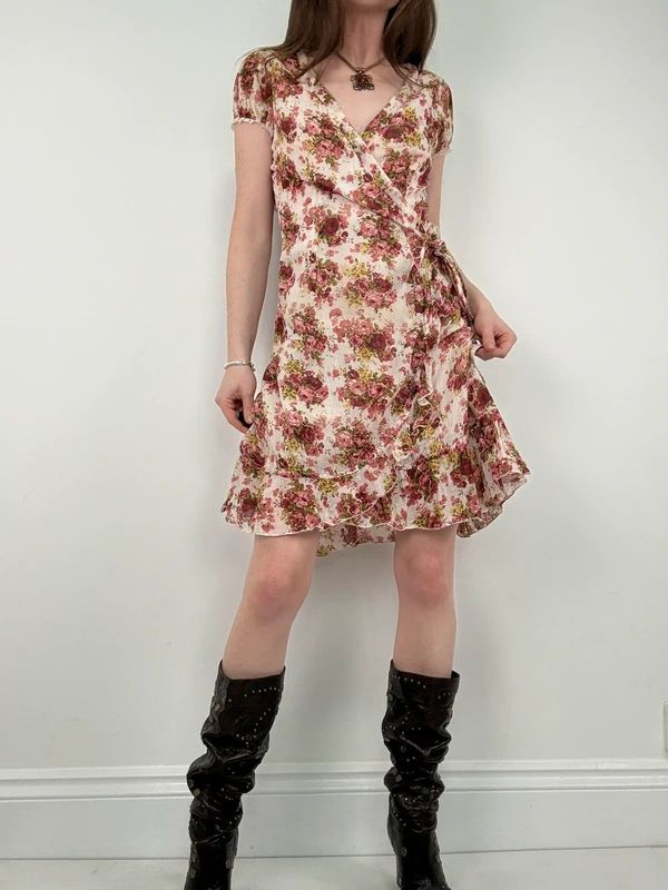 floral rose ruffle wrap around mini summer tea dress