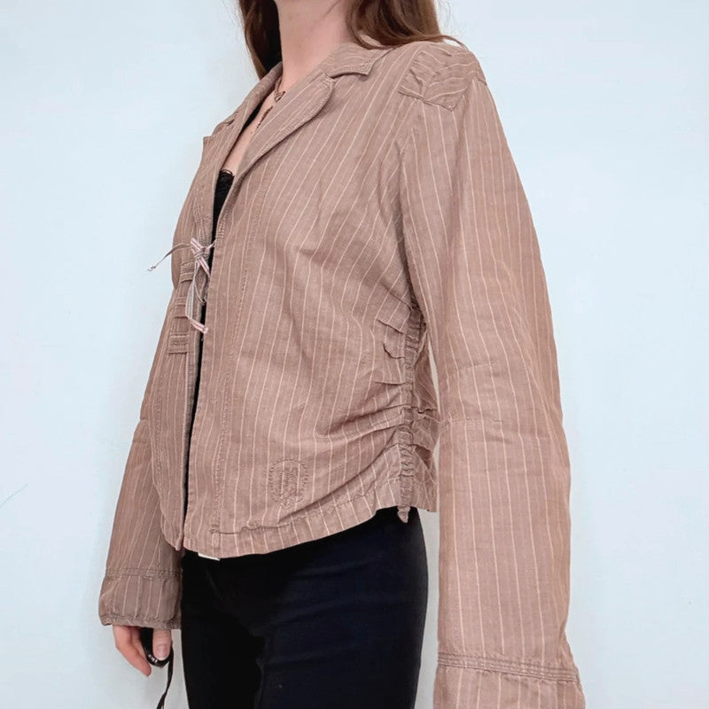 brown pinstripe fitted linen/cotton boxy pleated jacket