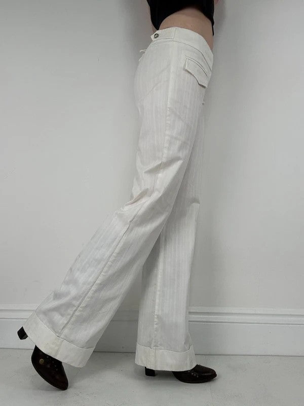 Lot rise white cotton pinstripe flared trousers