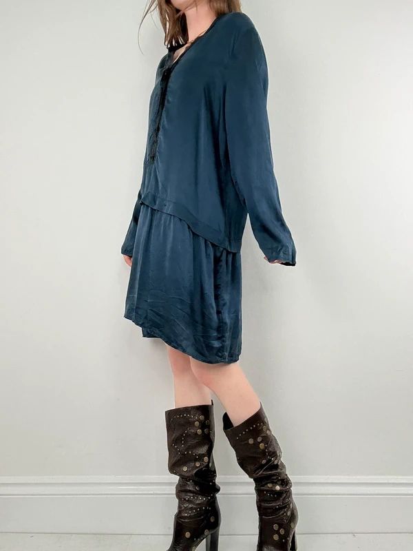 navy silk drop waist long sleeve shirt dress