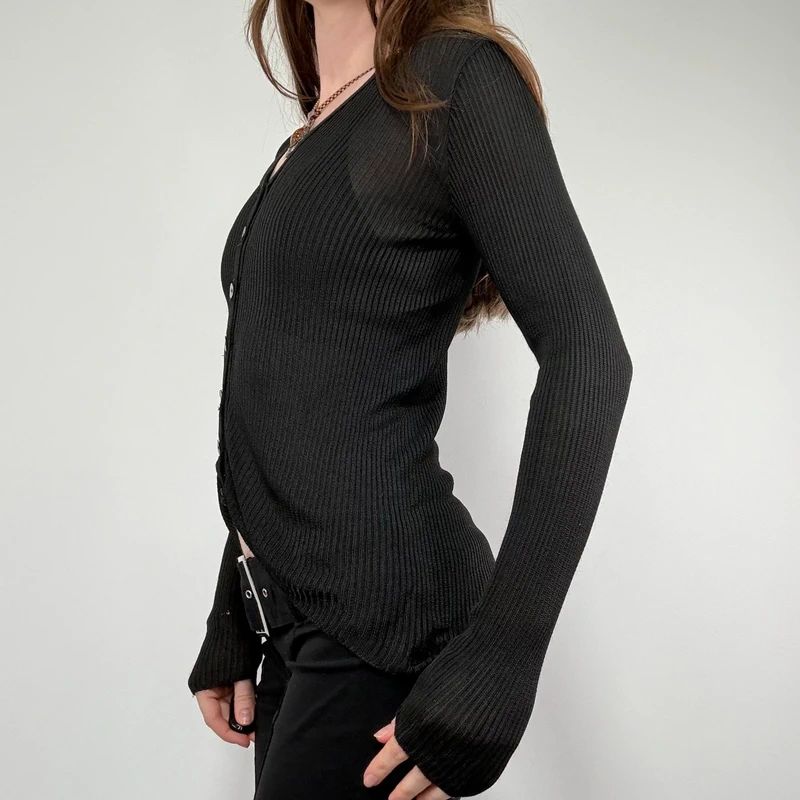 black semi sheer ribbed knit cardigan