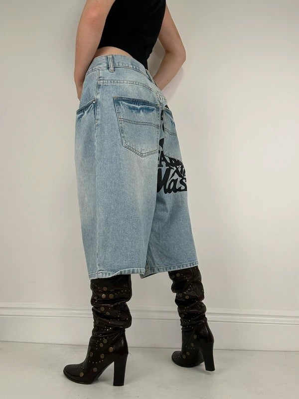 oversized wide leg denim jorts with graphic print
