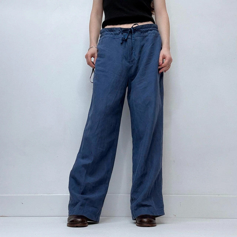 blue wide-leg linen silk drawstring trousers