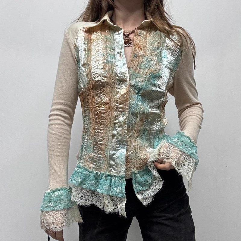 lace flared satin ruffle shirt