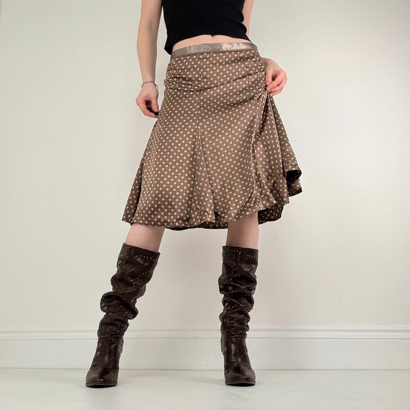brown silk polka dot midi skirt