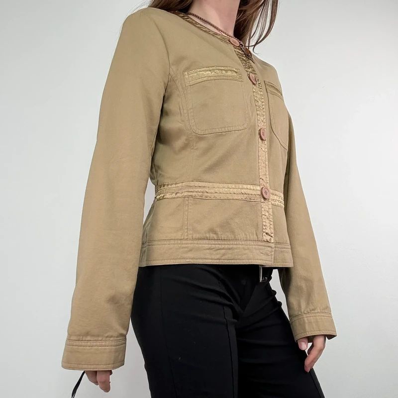 tan boxy cropped fit jacket with exposed button detail