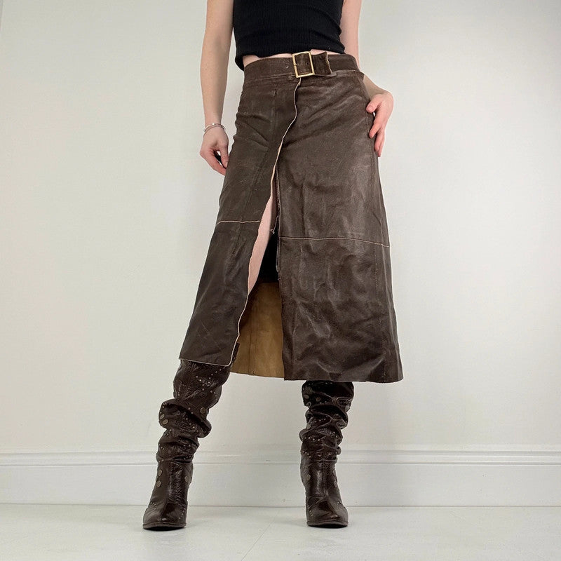 chocolate brown leather a-line midi skirt