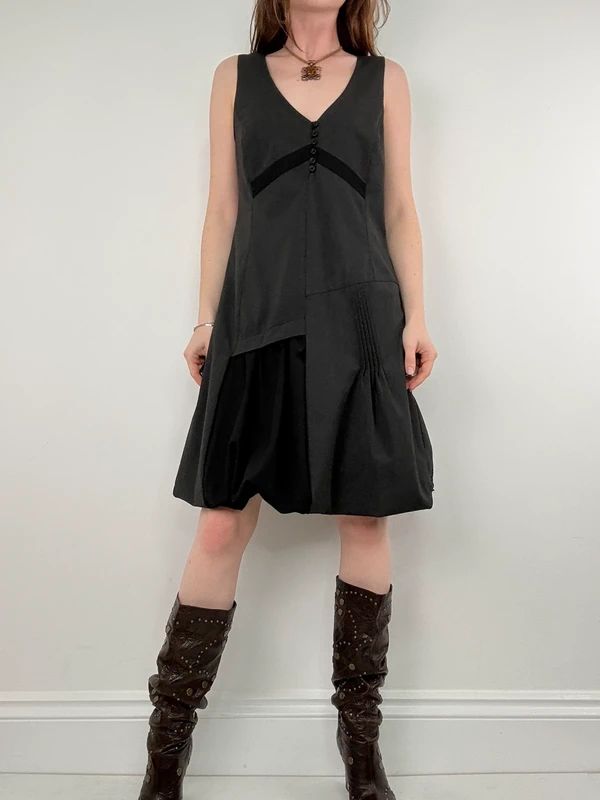black deconstructed flared midi dress